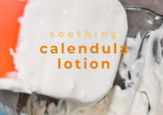 white calendula lotion on an orange silicon spatula