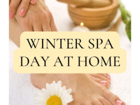 photo of a foot with mortar and pestle in the background and a white flower in the foreground. Text overlay: winter spa day at home