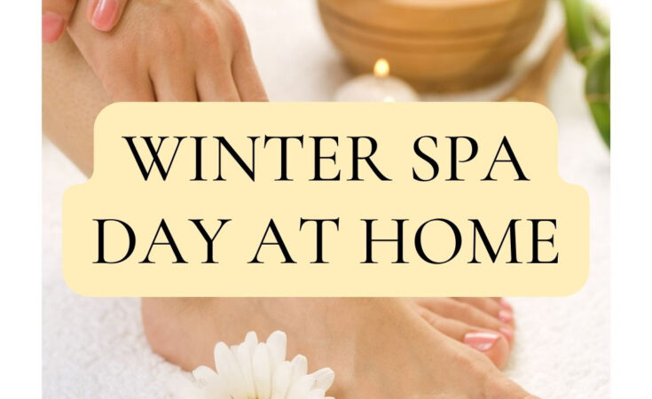 photo of a foot with mortar and pestle in the background and a white flower in the foreground. Text overlay: winter spa day at home