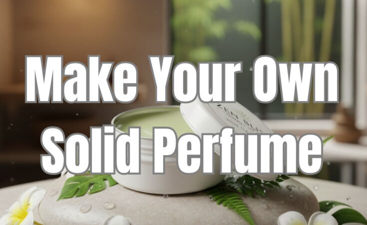 photo depiction of a tin of solid perfume balm on a smooth stone with white flowers surrounding it.